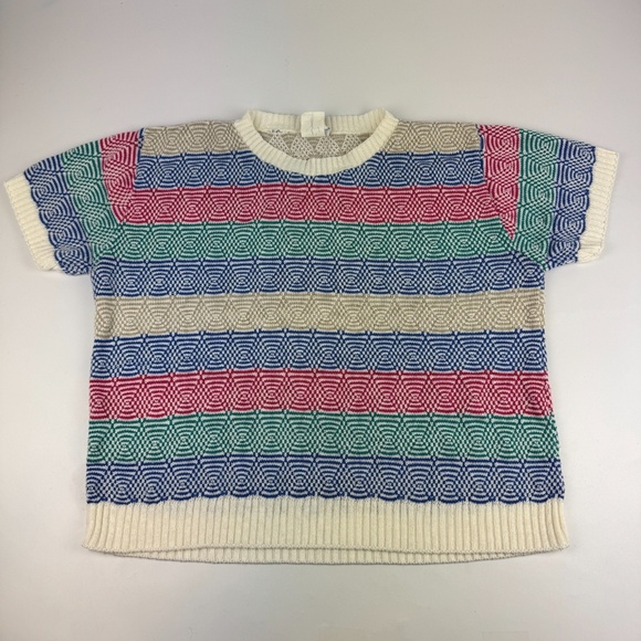 I.C. Isaacs Womens Size Petite L Short Sleeve Knit Sweater Striped - Picture 1 of 7